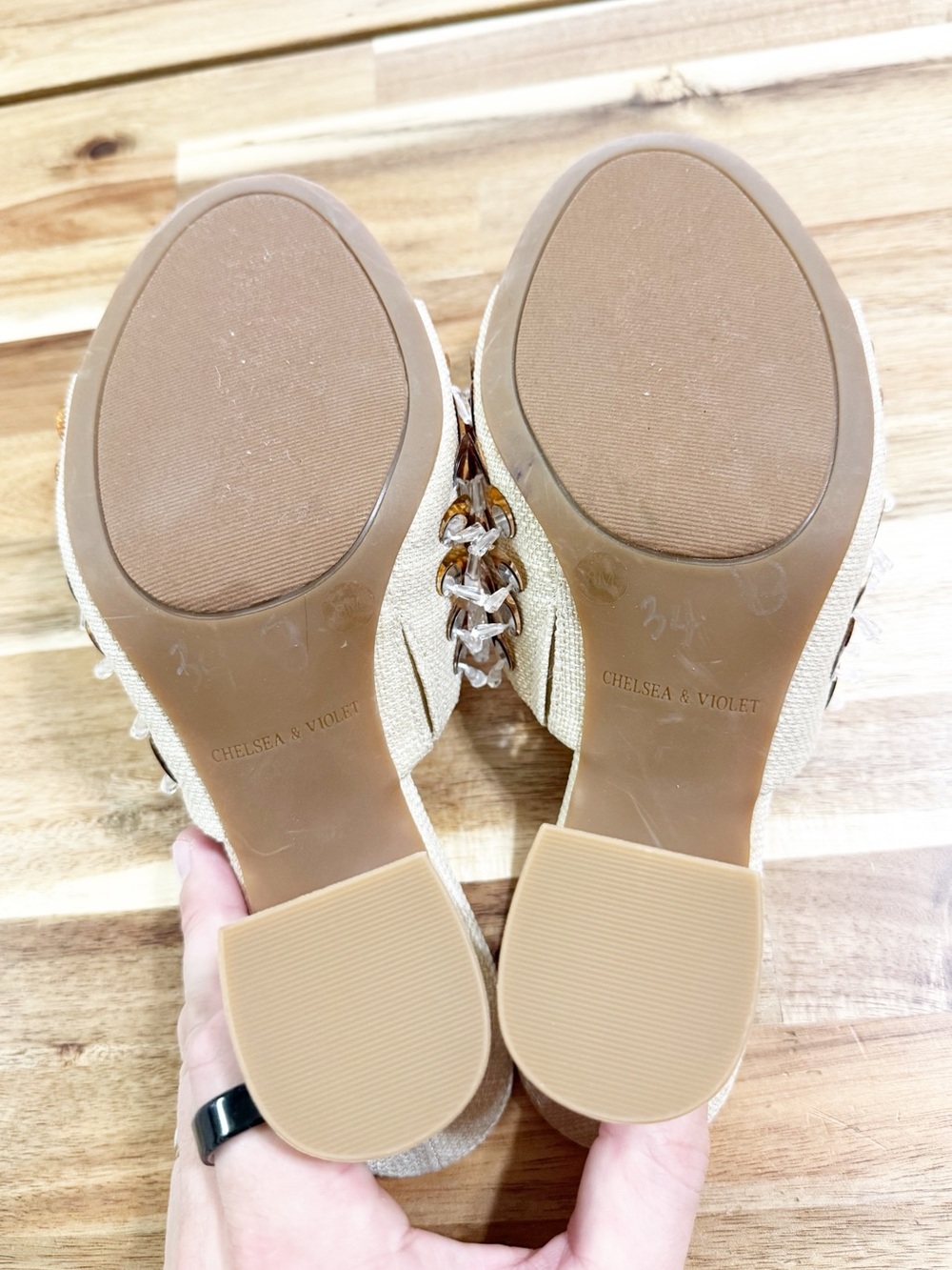 Chelsea & Violet Piperr Linen Ornamented Sequin Fringe Heeled Slide Sandals NEW - Picture 12 of 12